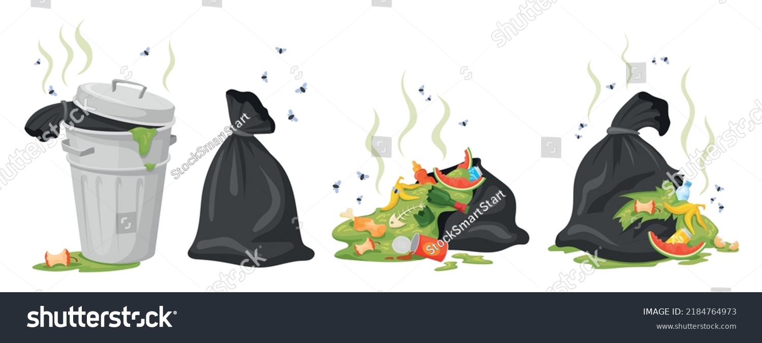City trash bag. Rotting garbage in waste bag or street dustbins, full can bin pile rubbish accumulation dumpster overflow dump dirty food, cartoon trashcan neat vector illustration of waste garbage #2184764973