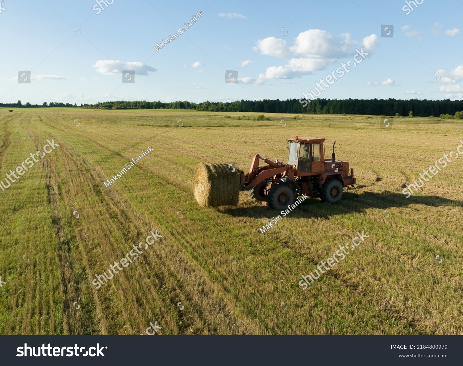 Hay Making in autumn season. Farmer loading round bales of straw from Hay Trailer with a front end loader. Store hay at farm. Hay rolls as Forage feed for livestock. #2184800979