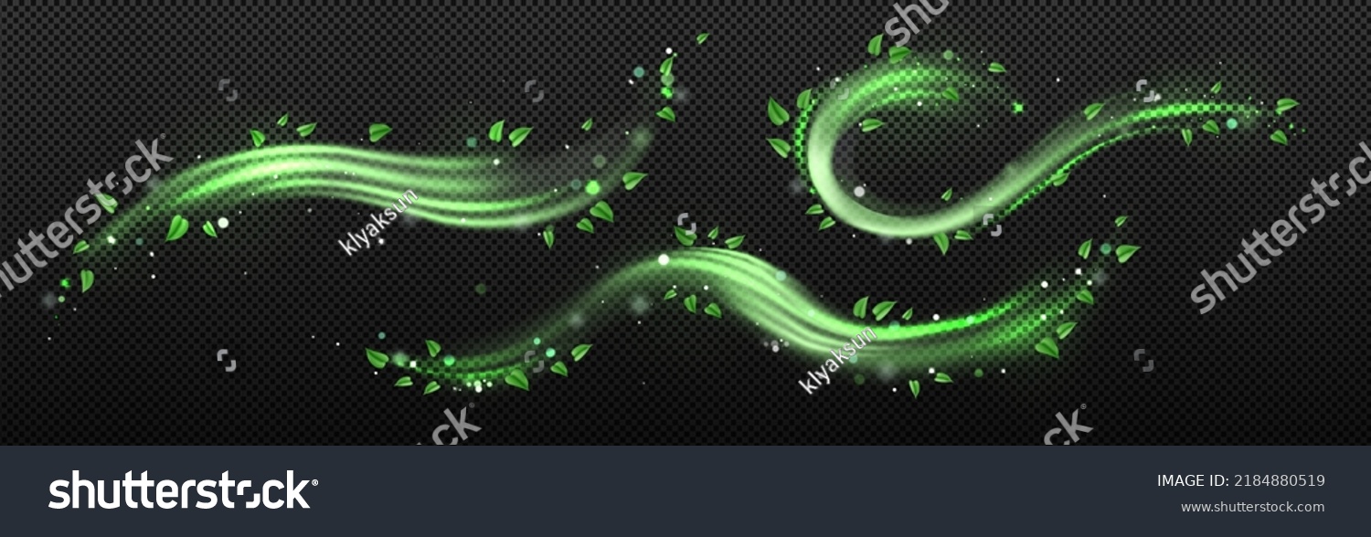 Abstract wind swirls with green leaves and sparkles isolated on transparent background. Vector realistic illustration of air vortex and wave with flying mint leaves #2184880519