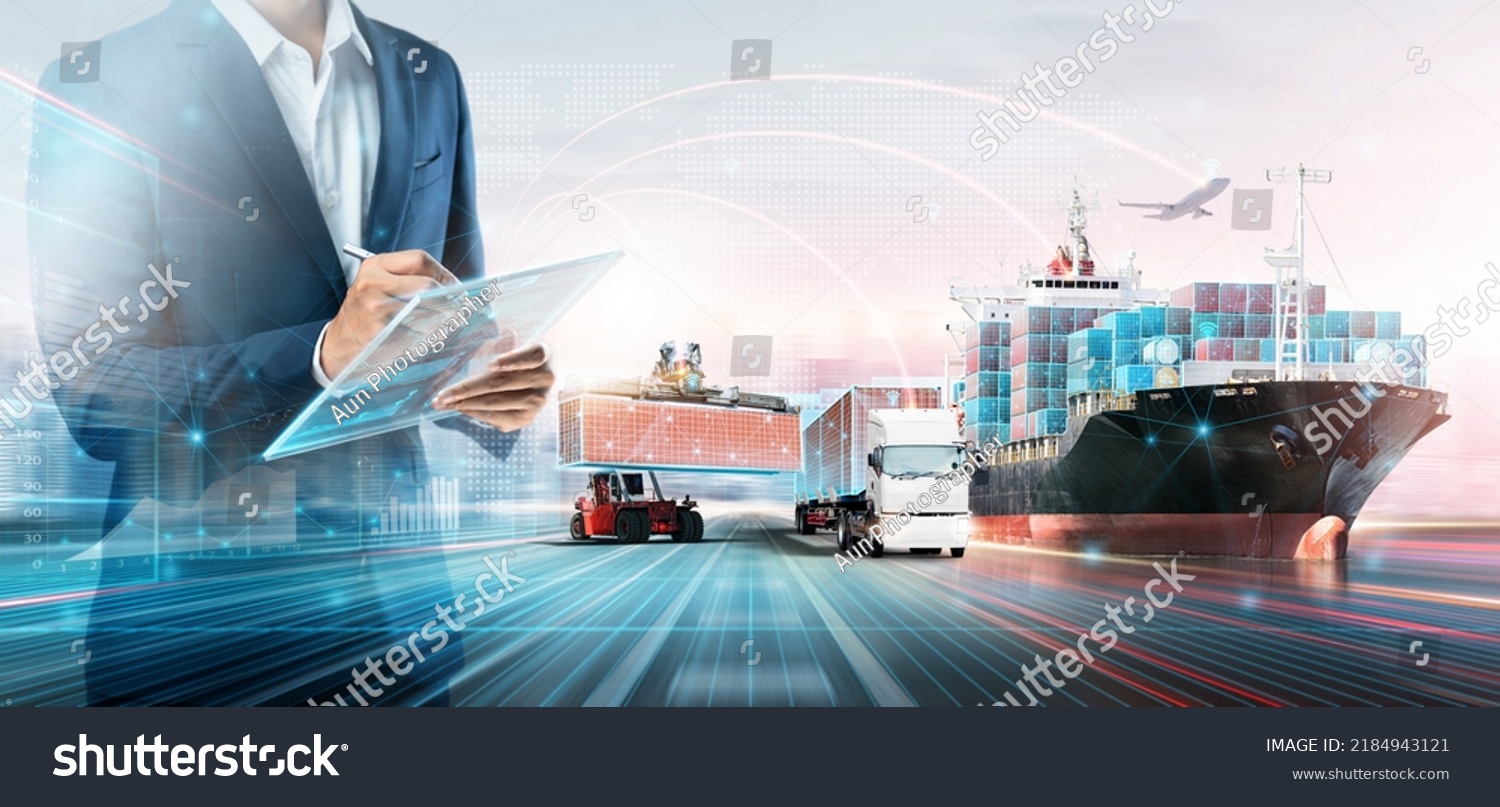 Smart Logistics Global Business and Warehouse Technology Management System Concept, Businessman using tablet control delivery network distribution import export, Double exposure future Transportation #2184943121