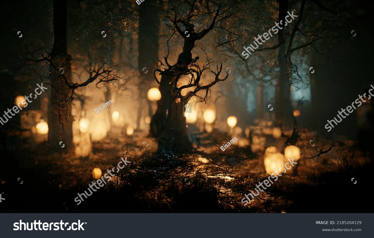 Realistic haunted forest creepy landscape at night. Fantasy Halloween forest background. Surreal mysterious atmospheric woods design backdrop. Digital art. #2185204129