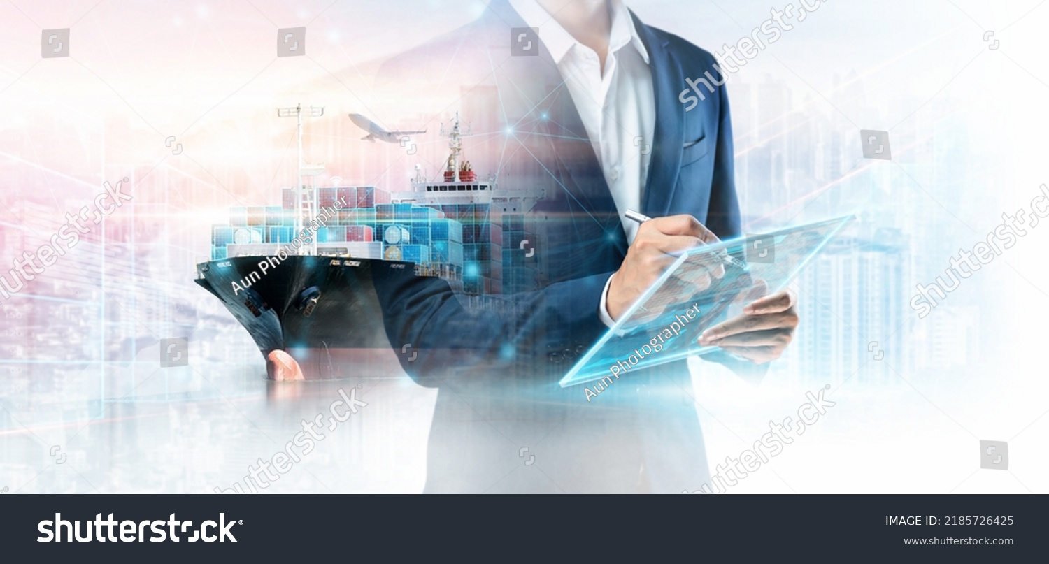 Business and Technology Digital Future of Cargo Containers Logistics Transport Concept, Double Exposure of Business man using Tablet and Freight Ship at Port, Transportation Import Export Background #2185726425
