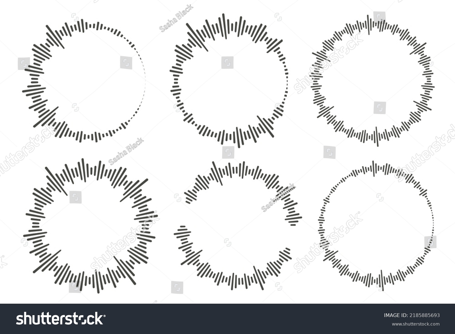 Circle audio waves. Circular music sound equalizer. Abstract radial radio and voice volume symbol. Vector illustration. #2185885693