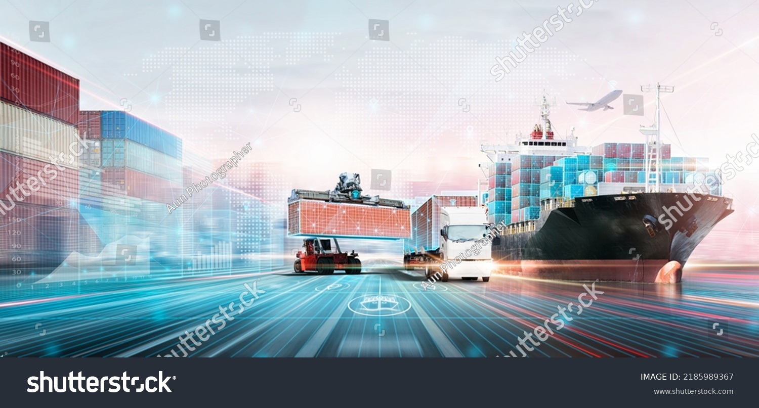 Smart Logistics Digital Marketing Technology Concept, Double Exposure Polygon Wireframe of Container Cargo Freight Ship, Plane, Truck, Growth Graph, Modern Future Import Export Transport Background #2185989367