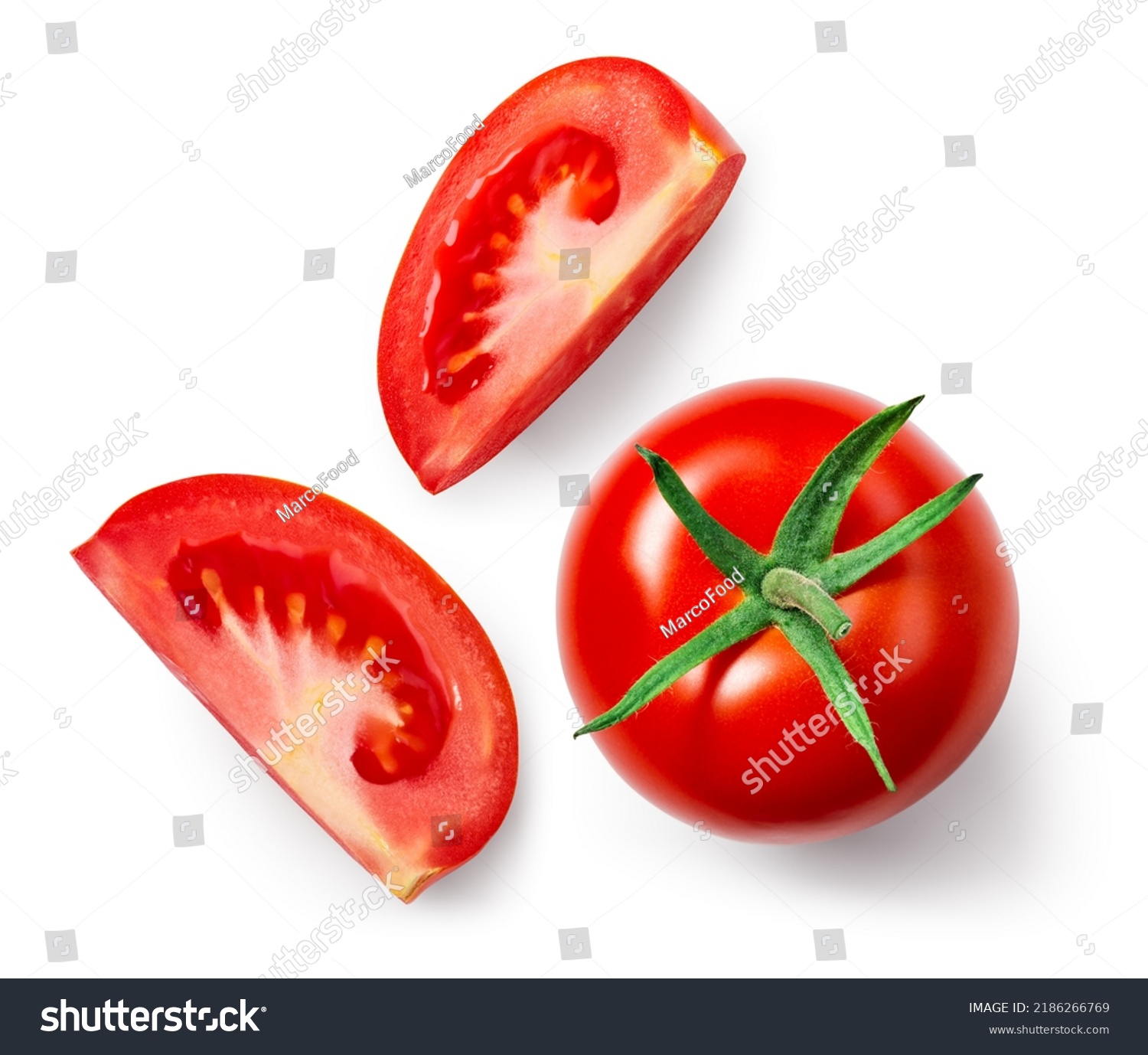 Tomato slice isolated. Tomato whole and slices top view on white background. Set of tomatoes with clipping path. #2186266769