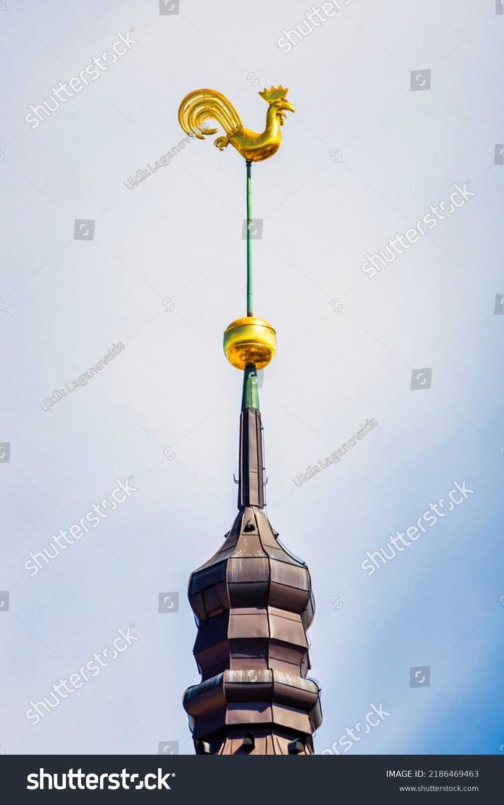 Symbol of old Riga town in Latvia - golden cockerel (rooster) topping bell tower of Riga Doms Cathedral. #2186469463