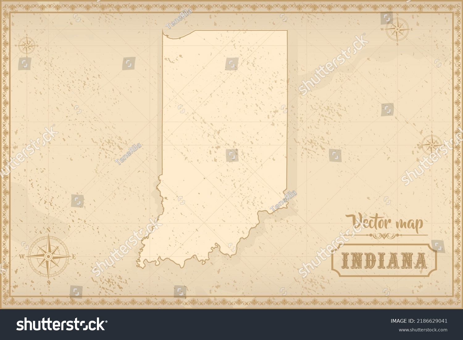 Map of Indiana in the old style, brown graphics in retro fantasy style #2186629041