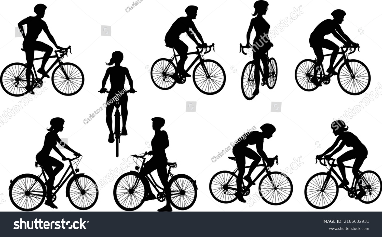 A set of bicyclists riding bikes and wearing a safety helmet in silhouette #2186632931
