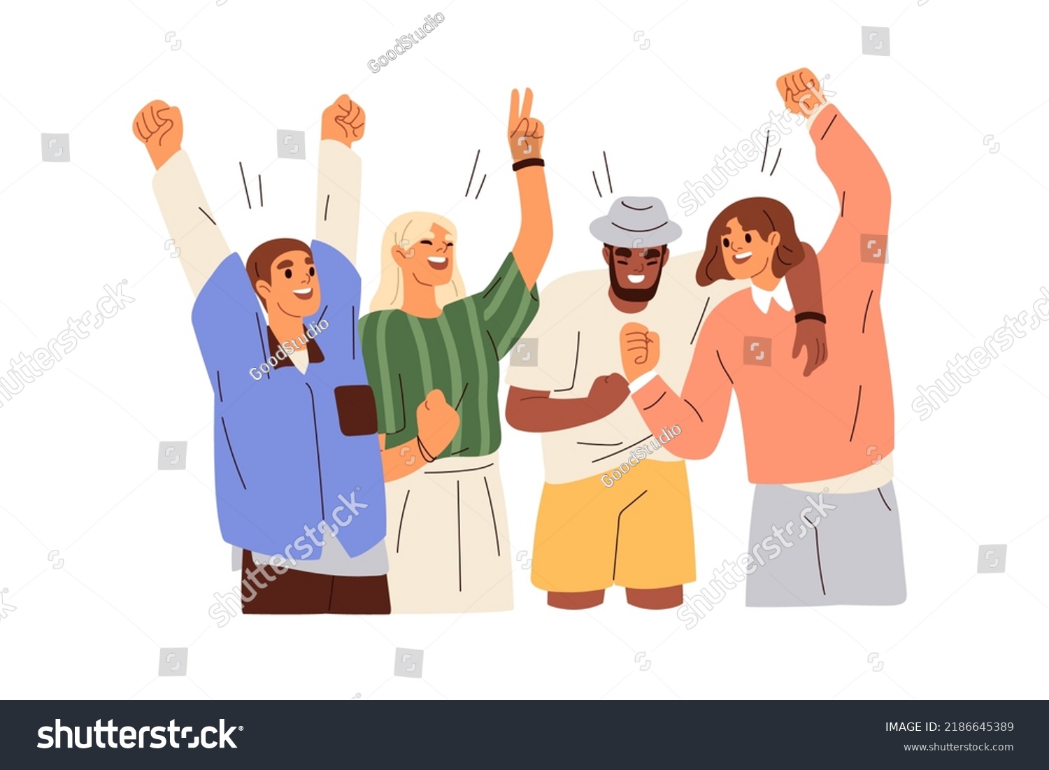 Happy team, young people celebrate business victory, work success with joy, fun. Colleagues winners rejoicing, exulting together with hands up. Flat vector illustration isolated on white background #2186645389