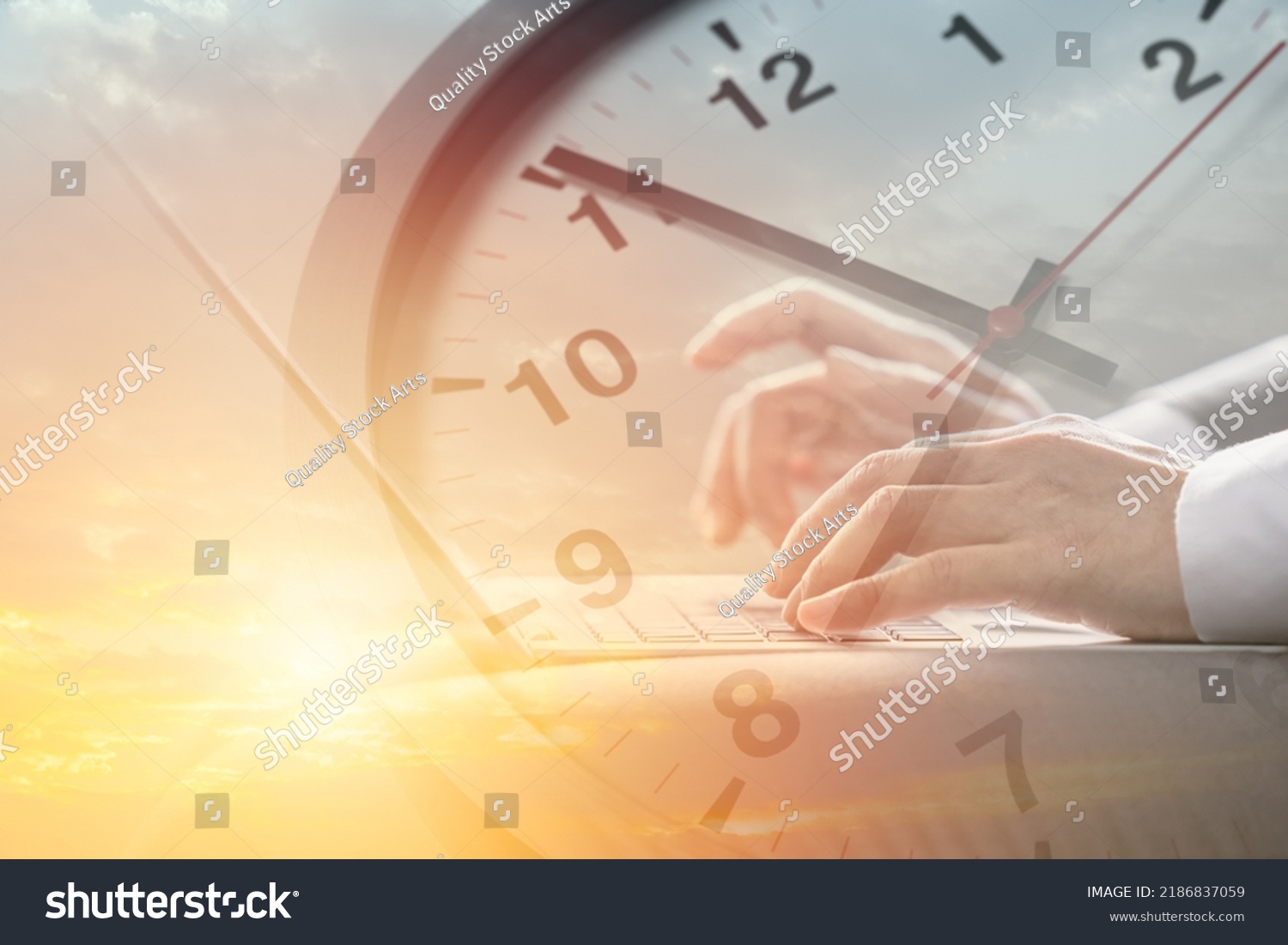 Business working times concept people work typing on laptop computer overlay with in time clock to lunch break #2186837059