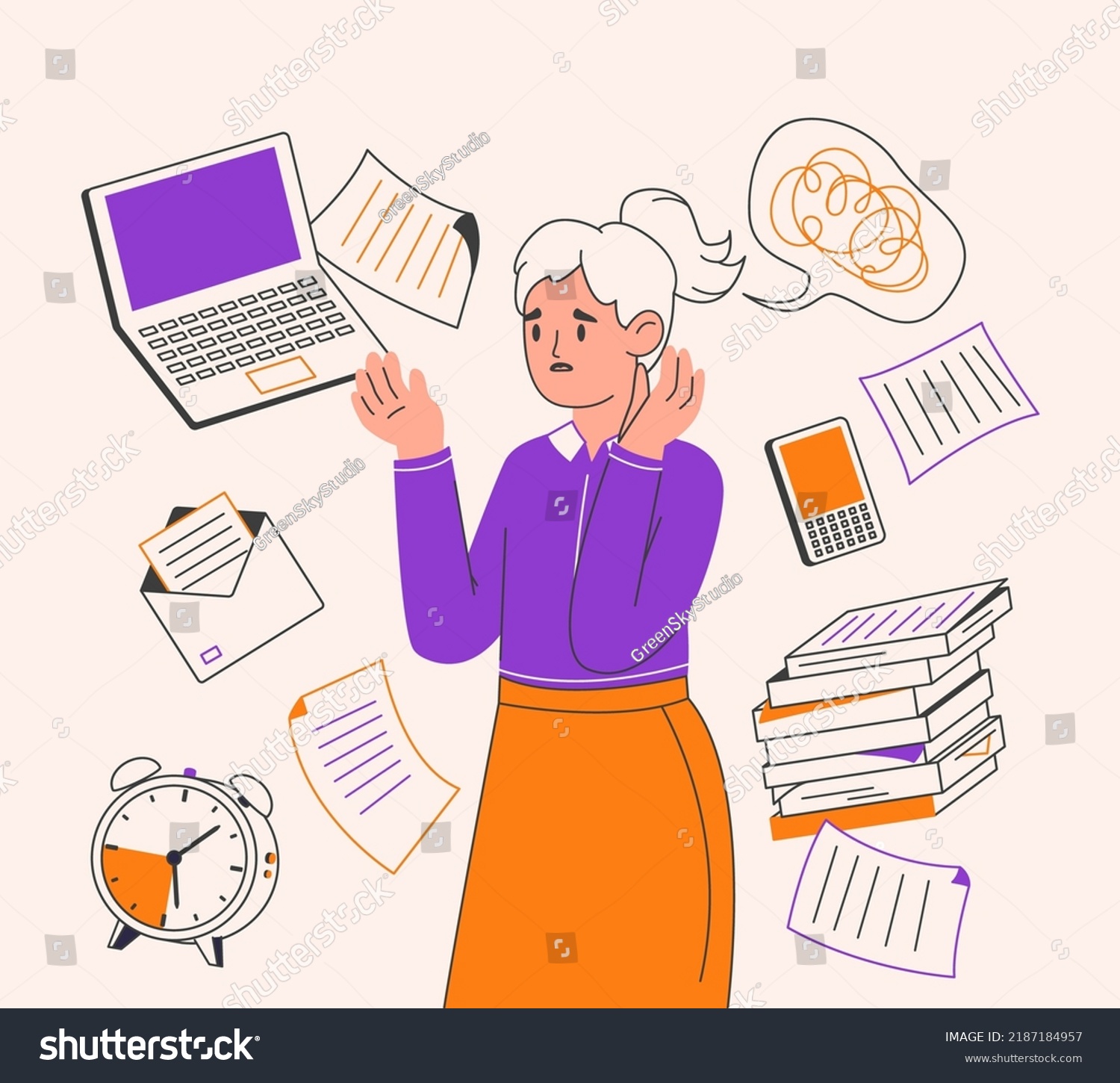Stressed anxiety person, deadline office business character. Chaotic office workflow, deadline and tasks overloaded human flat outline vector illustration. Work deadline scene #2187184957