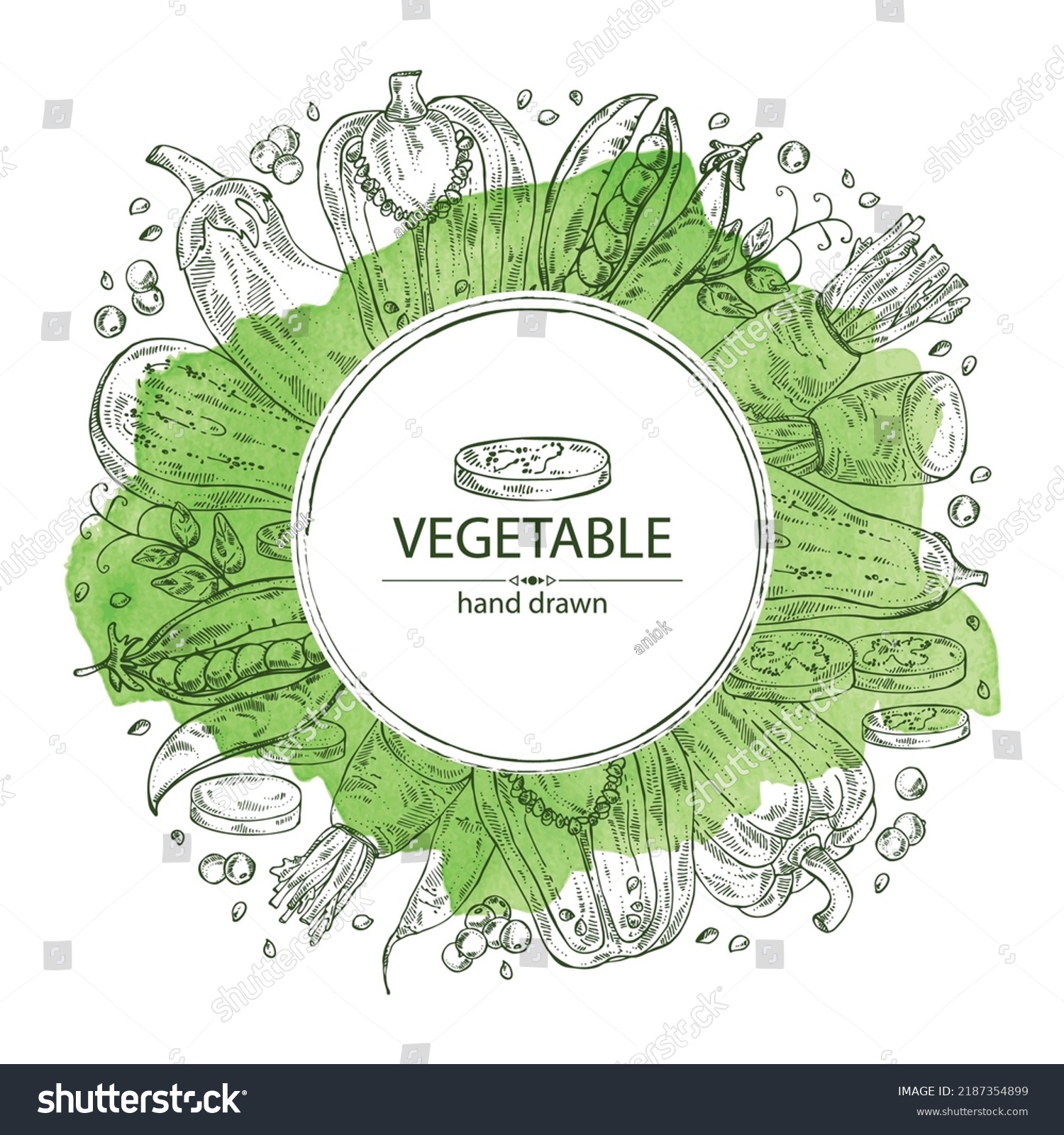 Watercolor background with vegetables: pepper, root and a piece of daikon, pod of peas and eggplant. Vector hand drawn illustration. #2187354899