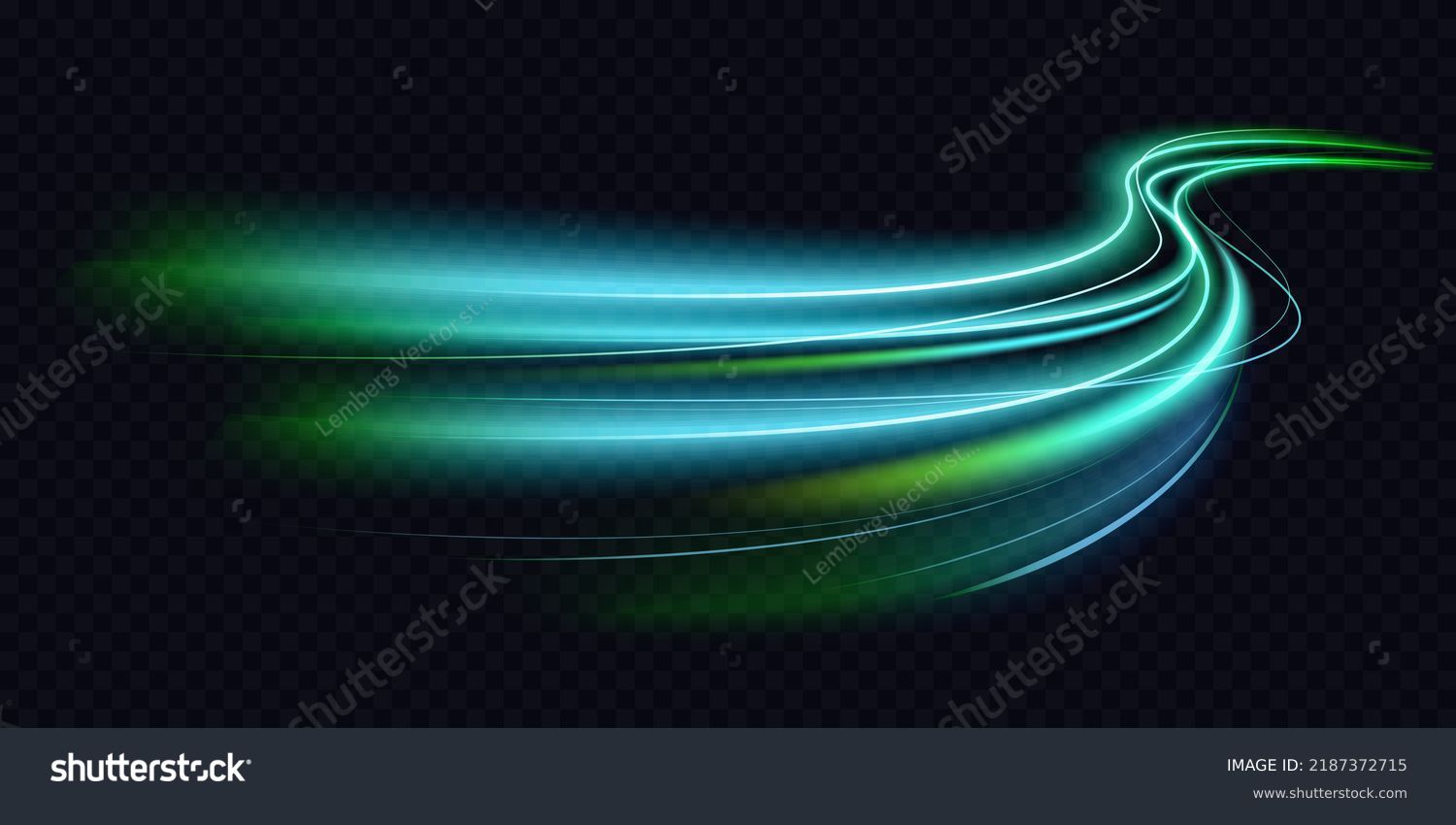 Abstract green blue wave light effect in perspective vector illustration. Magic luminous azure glow design element on dark background, flash luminosity, abstract neon motion glowing wavy lines #2187372715