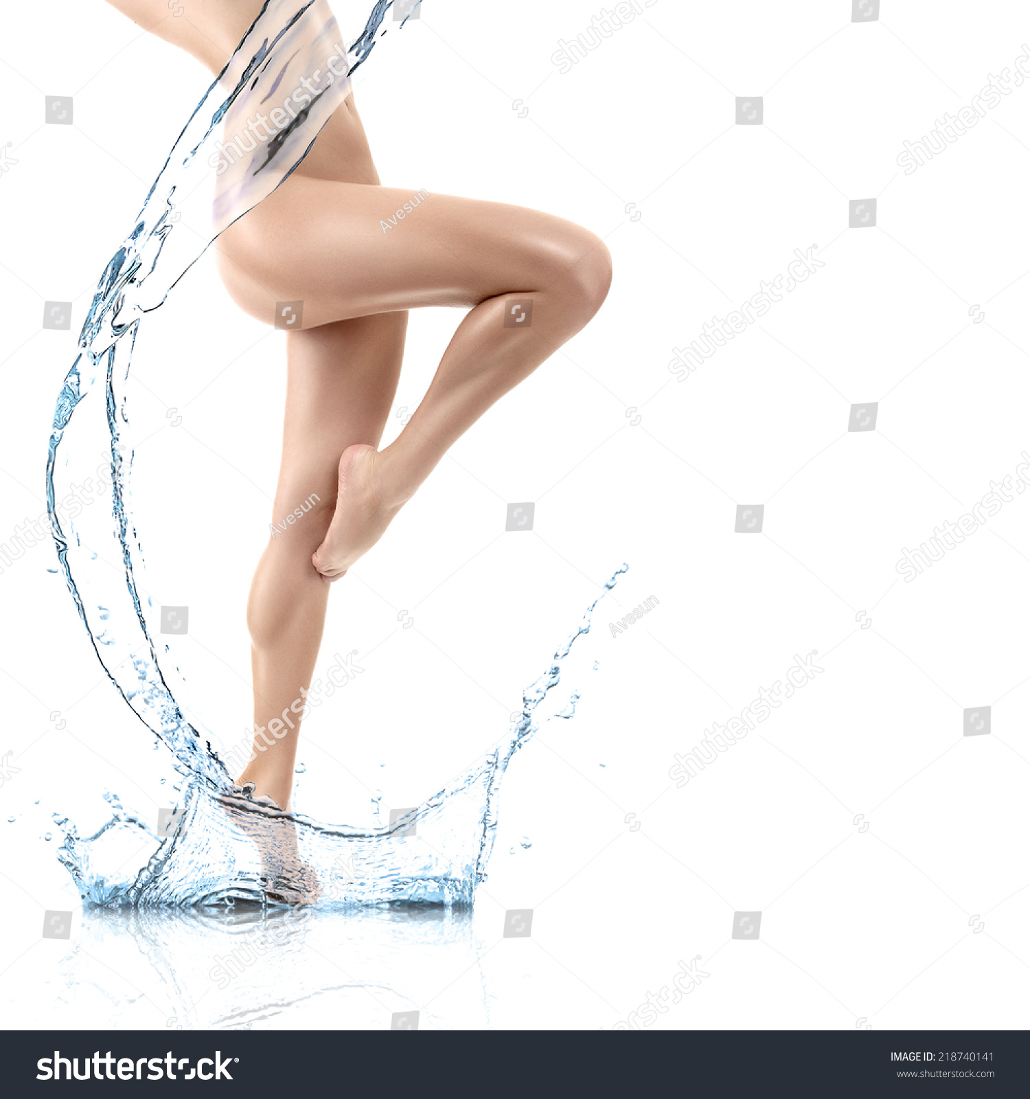 Design of young woman body with clean water splash isolated on white background #218740141