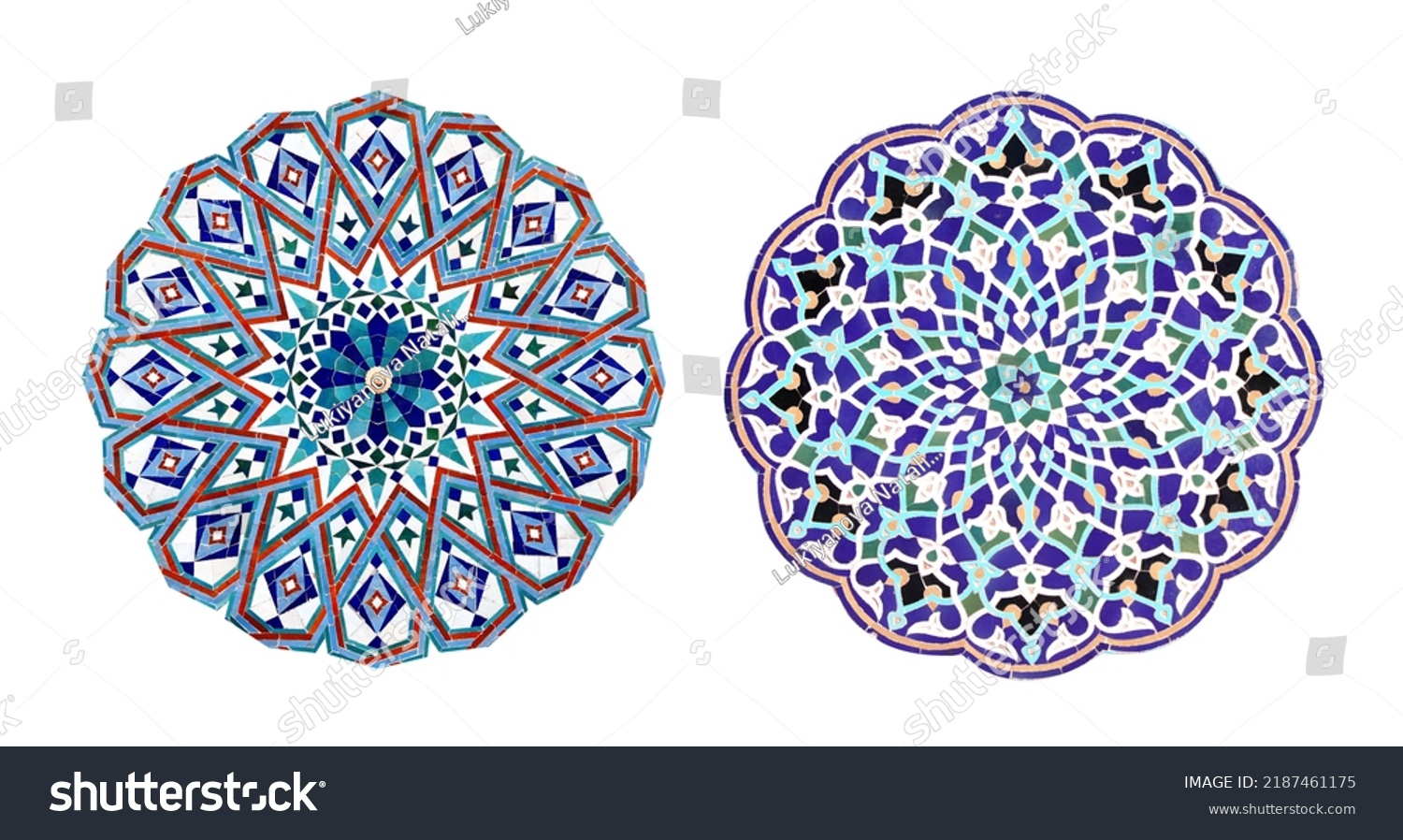 Set of round detail of ancient mosaic walls with floral and geometric ornaments. Collection of ceramic circles with traditional iranian tile decorations. Isolated on white background #2187461175