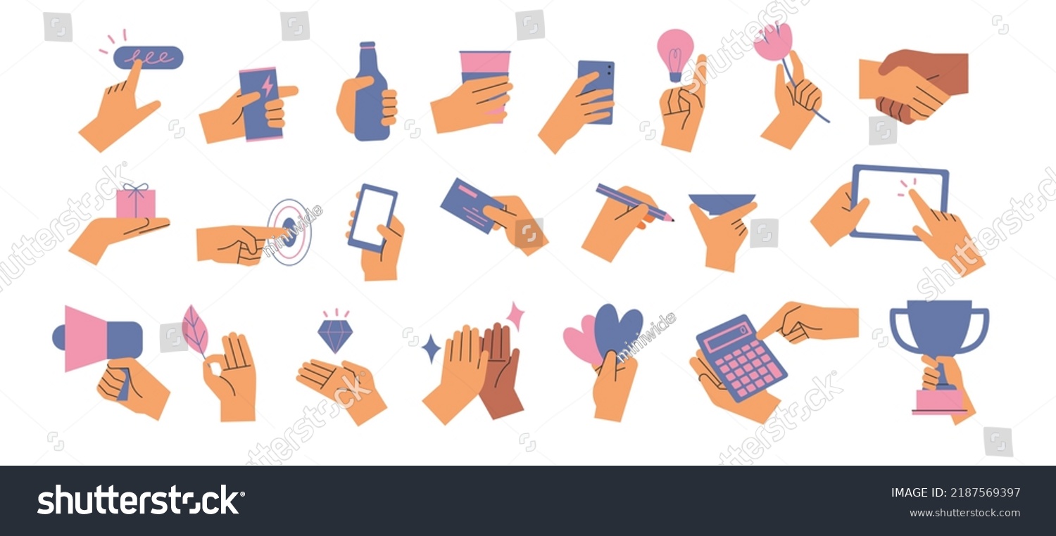 A collection of hands holding something or conveying information. flat design style vector illustration. #2187569397