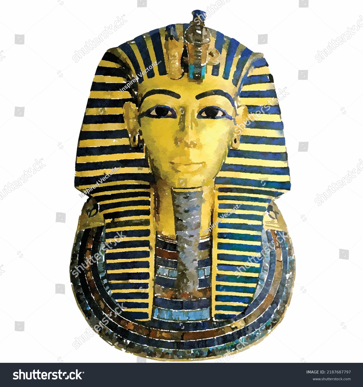 Tutankhamun mask vector picture. Tutankhamun illustration. Pharaoh hand drawn. Egyptian style clipart. Cartoon egypt picture. Museum exponate. Clipart for logo, design and decoration. #2187687797