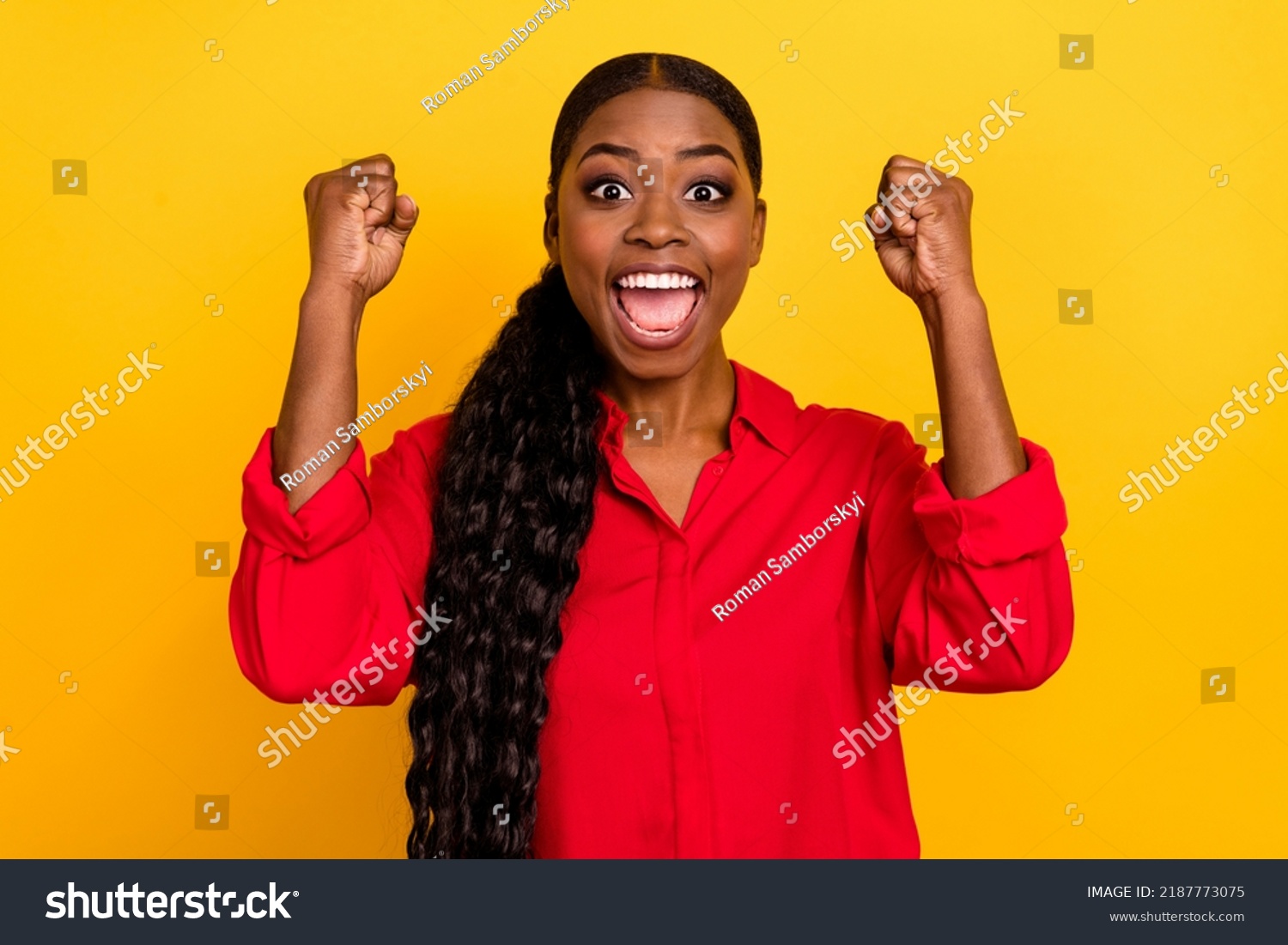 Photo of young excited girl rejoice luck ecstatic lottery fists hands triumph isolated over yellow color background #2187773075