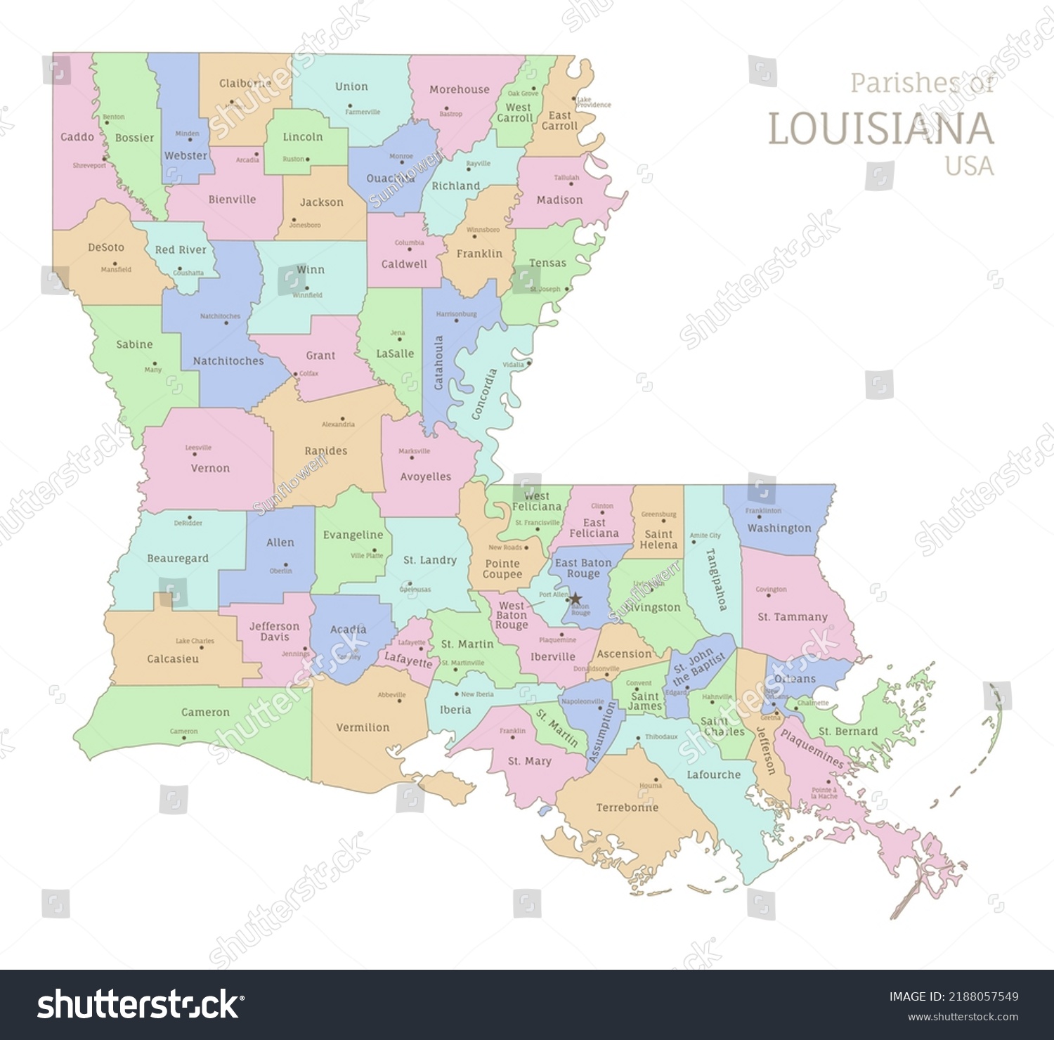 Political color map of Louisiana, USA federal - Royalty Free Stock ...