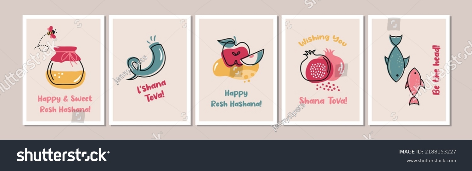 Jewish holiday Rosh Hashana, greeting card set in minimalistic style. Jewish traditional greetings. Pomegranate, apple , honey and flowers. Vector illustration #2188153227