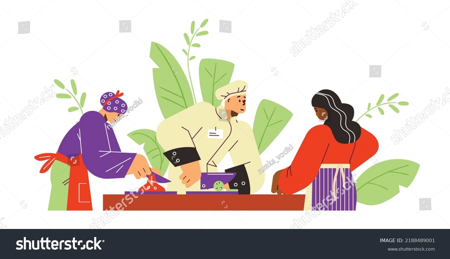 Women cooking with chef at culinary school flat style, vector illustration isolated on white background. Characters in uniform making tasty food, learning #2188489001