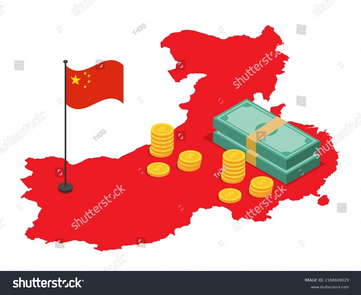 China flag with red country map and money - Royalty Free Stock Vector