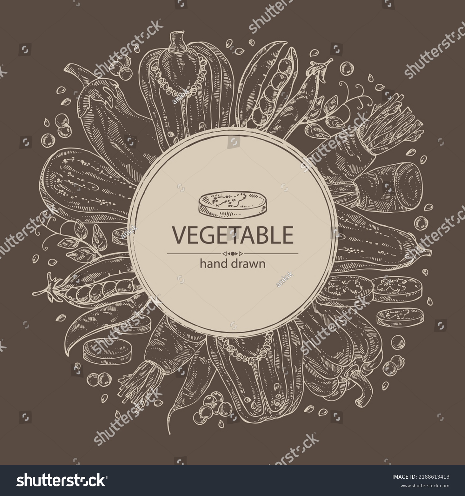 Background with vegetables: pepper, root and a piece of daikon, pod of peas and eggplant. Vector hand drawn illustration. #2188613413
