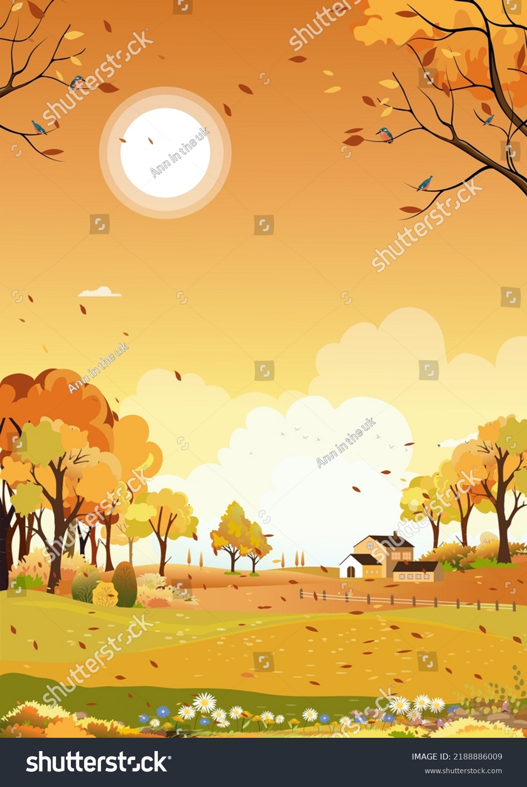 Autumn Landscape Background,Vector cartoon in Village Fall season forest tree with meadow flower and orange sunset sky,Illustration banner of farmland with cloud and sun over maintain  #2188886009
