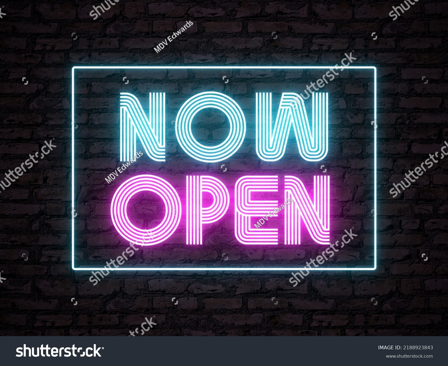 A retro pink and blue colored now open neon sign in front of a brick background. Signage for a bar, club or restaurant. Nightlife concept. #2188923843