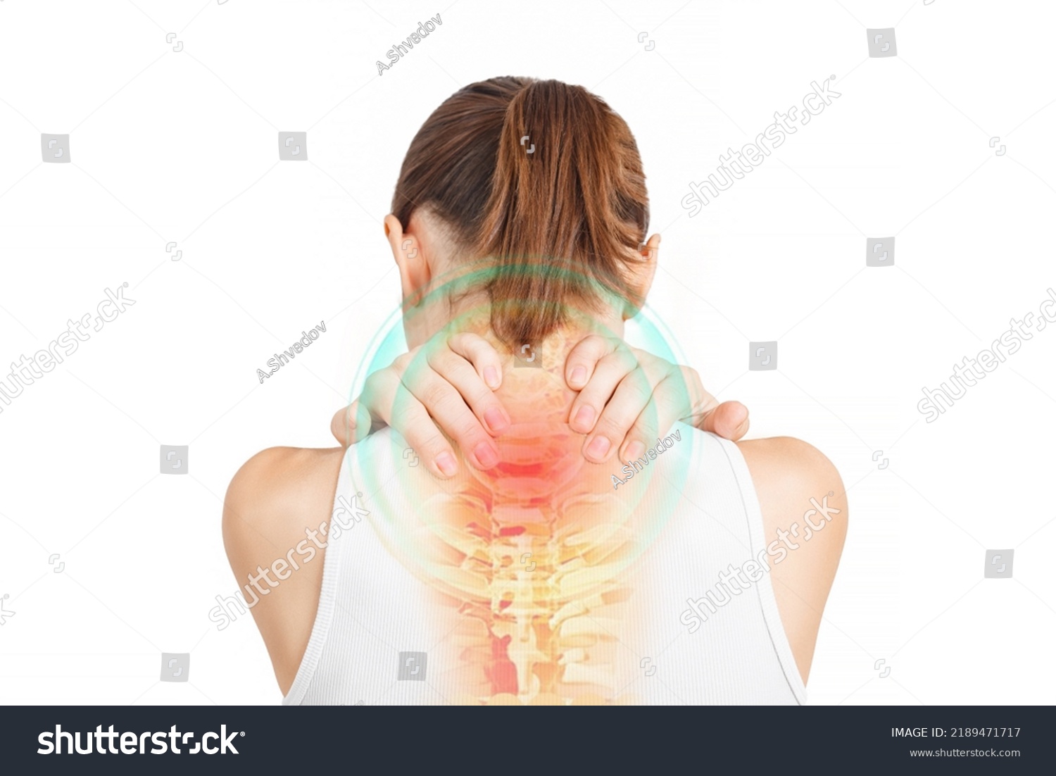 Spine of woman with neck pain. Young woman holding his neck in pain. Medical concept. Healthcare and medical concept: pain in a neck. #2189471717