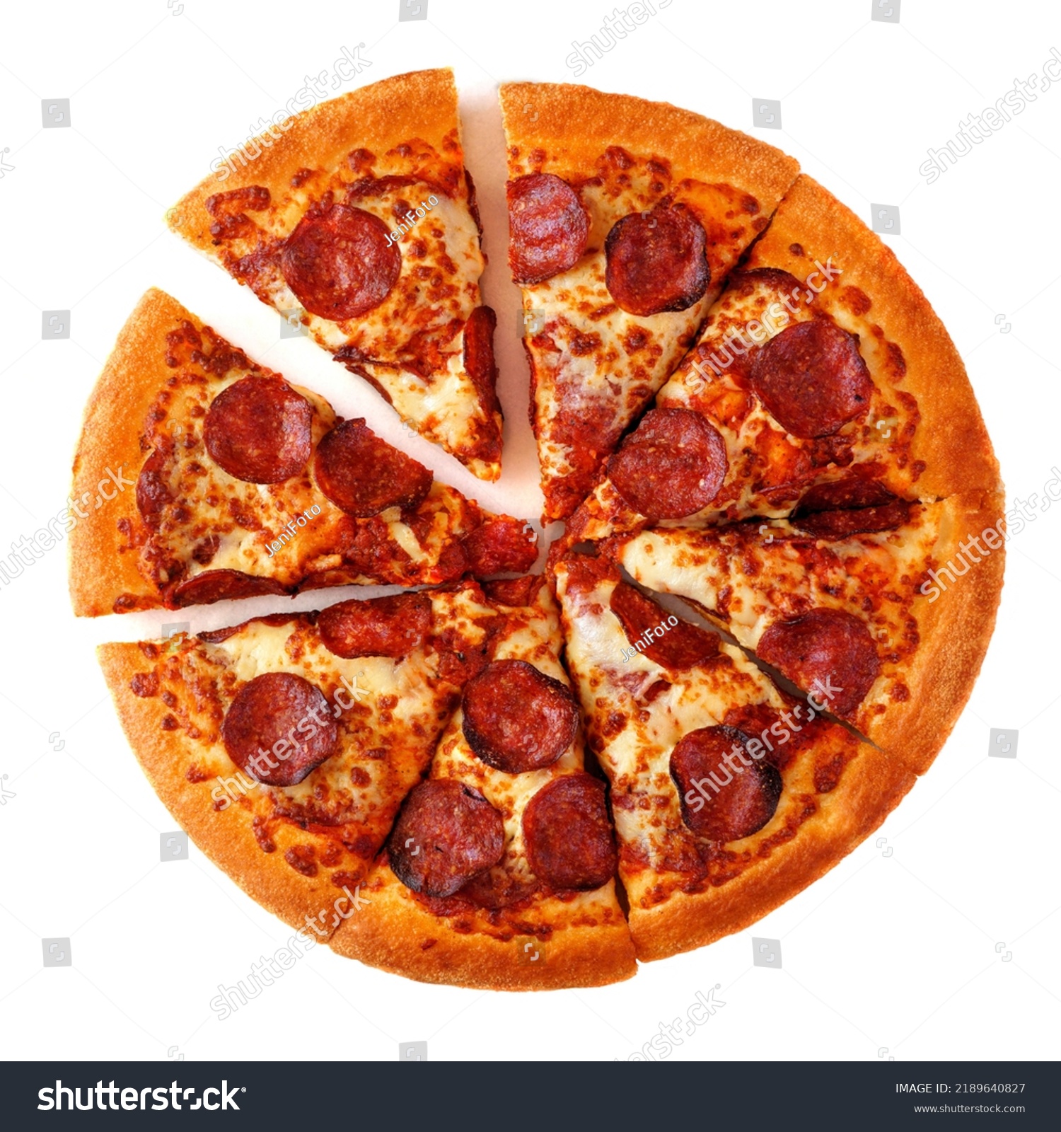 Classic pepperoni pizza with cut slices isolated on a white background #2189640827