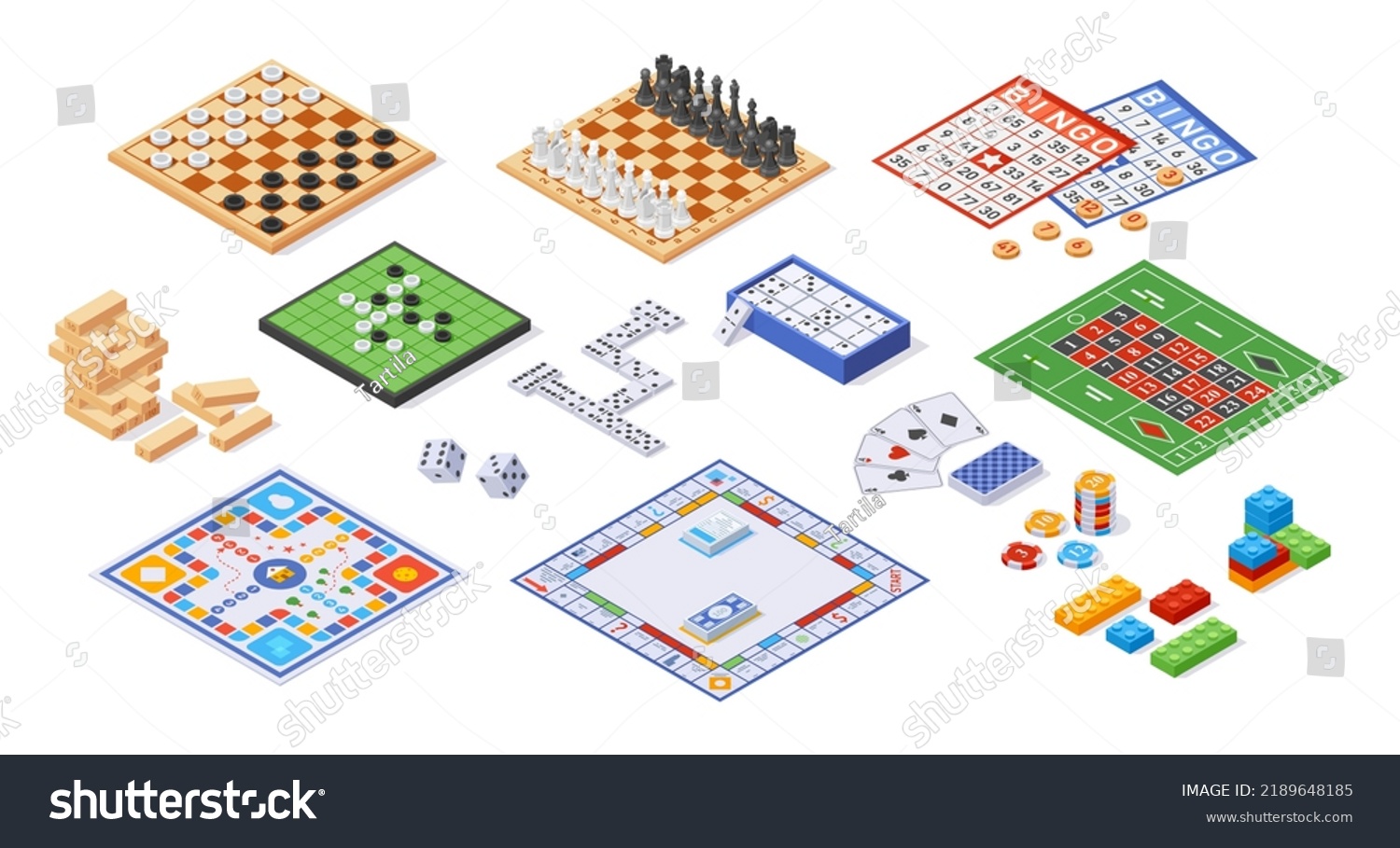 Board game collection. Cartoon funny strategy miniature games for family leisure and recreation, lotto bingo and dice table gaming. Vector isolated set of game activity board illustration #2189648185