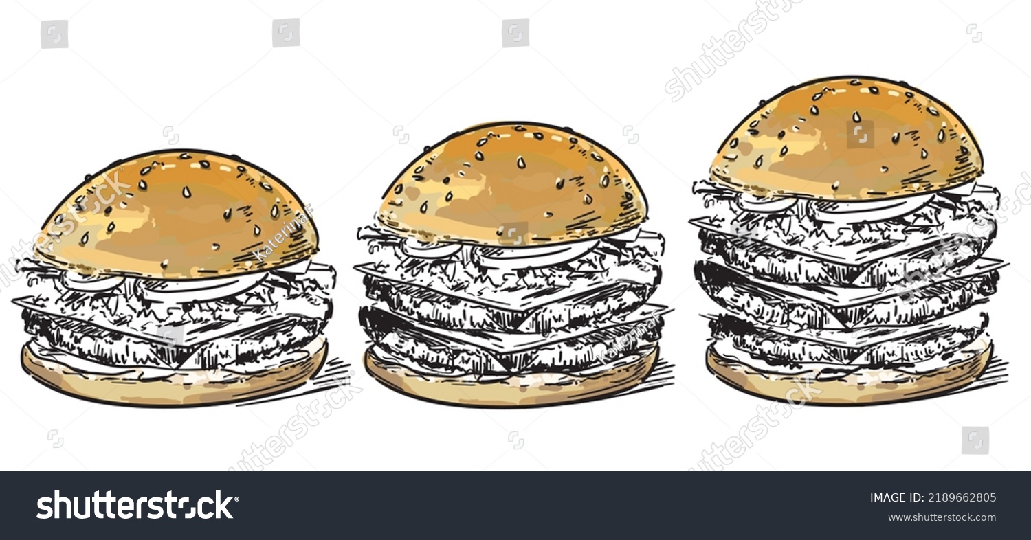 three sizes hambuger realistic drawing set meat - Royalty Free Stock ...