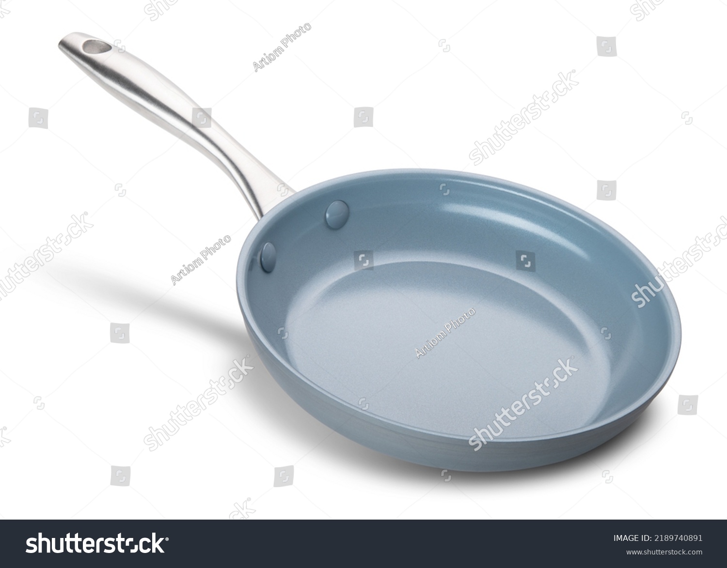 Frying pan. Ceramic Nonstick with stainless steel handle. Fry pan for cooking. Gray ceramic coating. Free of PFAS, PFOA, lead and cadmium. White  isolated background. High quality and resolution photo #2189740891