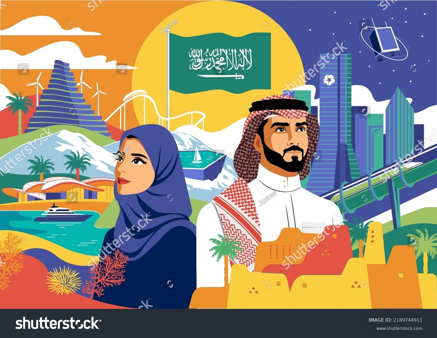 Saudi National day 92 illustration with Saudi man and woman - colorful flat illustration #2189744911