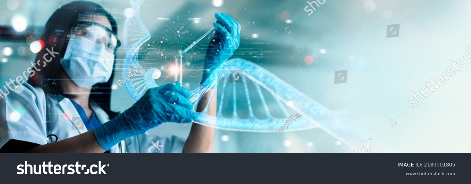 Scientists are experimenting and research with molecule model, DNA, Human Biology, Genetic research, Science with molecules and atoms in the laboratory, Medical science and biotechnology. #2189901805
