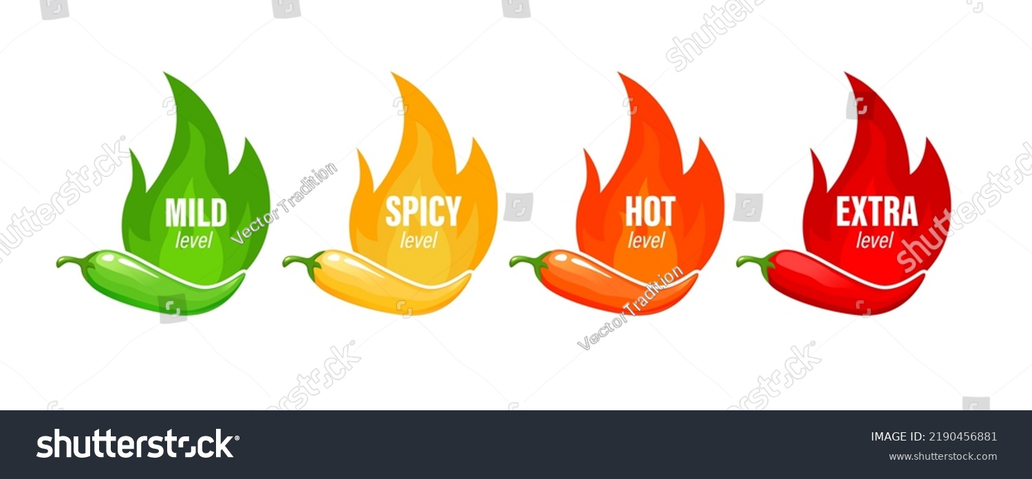 Hot spicy level labels. Hot sauce or food spicy meter vector icons, tabasco or ketchup sauce taste rating. Capsaicin level from mild to extra indicator with chili, lalapeno pepper and fire flames #2190456881