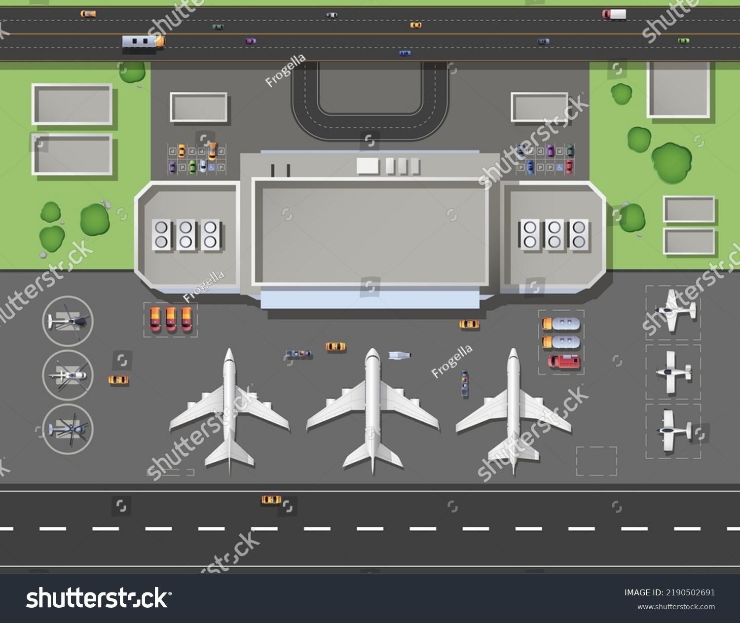 Airport terminal top view. Cartoon hangars, runway, cargo and passenger aircraft on parking area, service vehicles aerial top view. Vector city airport overhead illustration. Aviation transport #2190502691