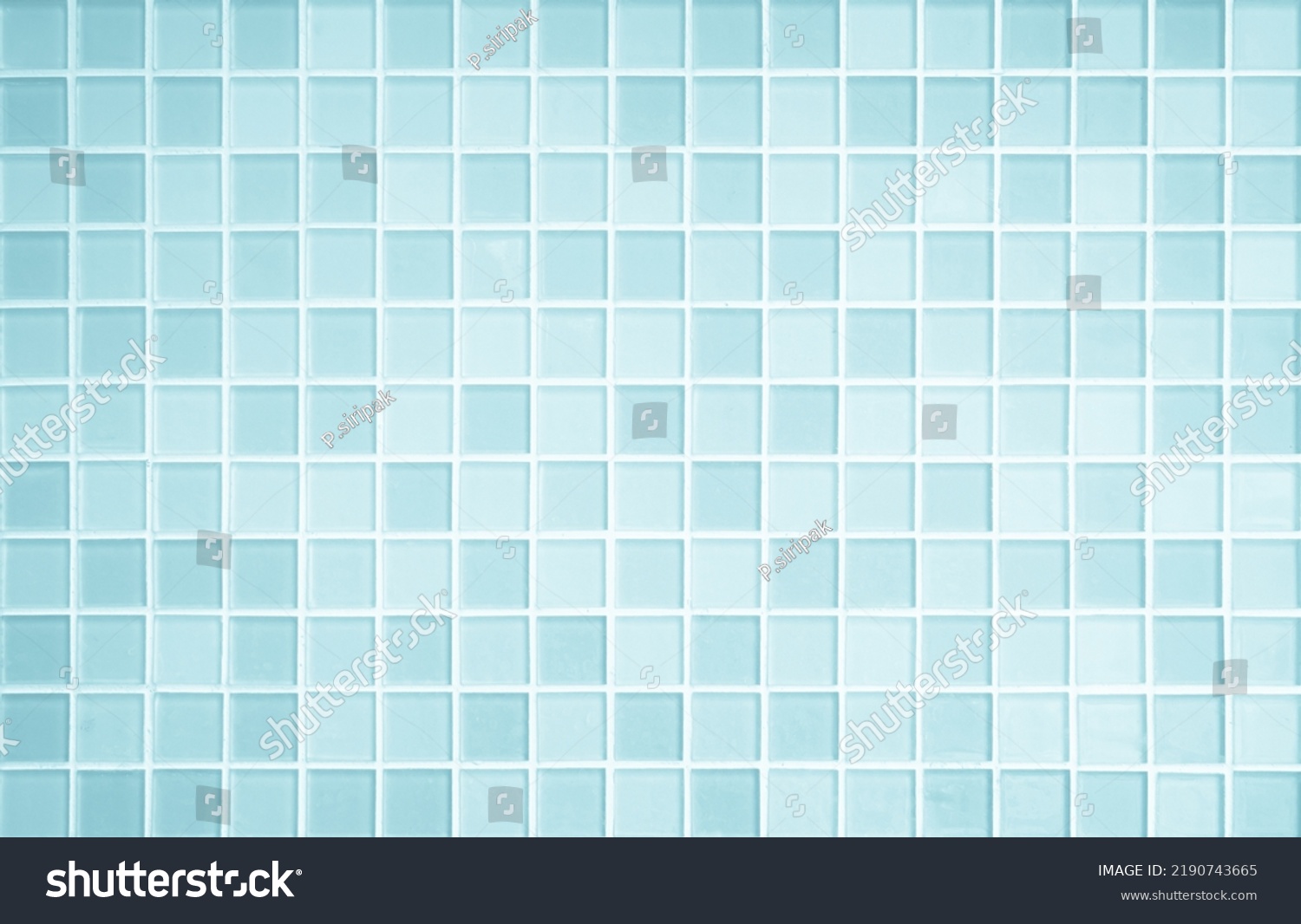 Blue light ceramic wall chequered and floor tiles mosaic background in bathroom, kitchen. Design pattern geometric with grid wallpaper texture decoration pool. Simple seamless abstract surface clean. #2190743665
