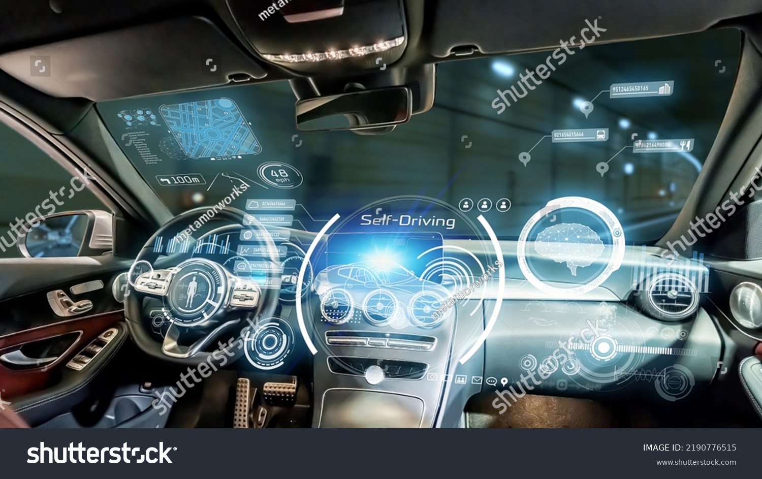 Interior of autonomous car. Driverless vehicle. Driving assist system. HUD (Heads up display). #2190776515