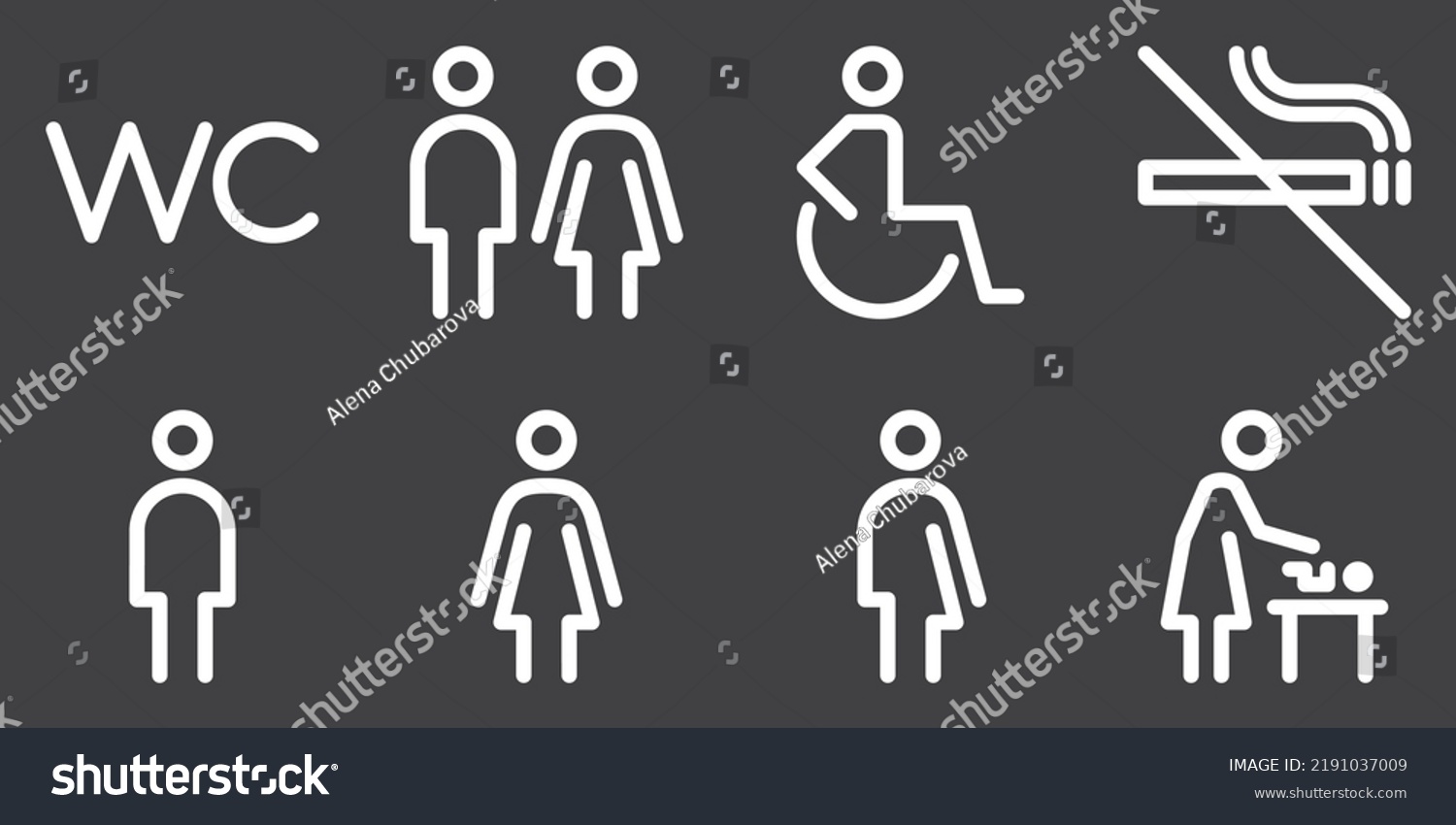 Toilet line icon set. WC sign. Man,woman,mother with baby and handicap symbol. Restroom for male, female, transgender, disabled. Editable stroke. Vector graphics #2191037009