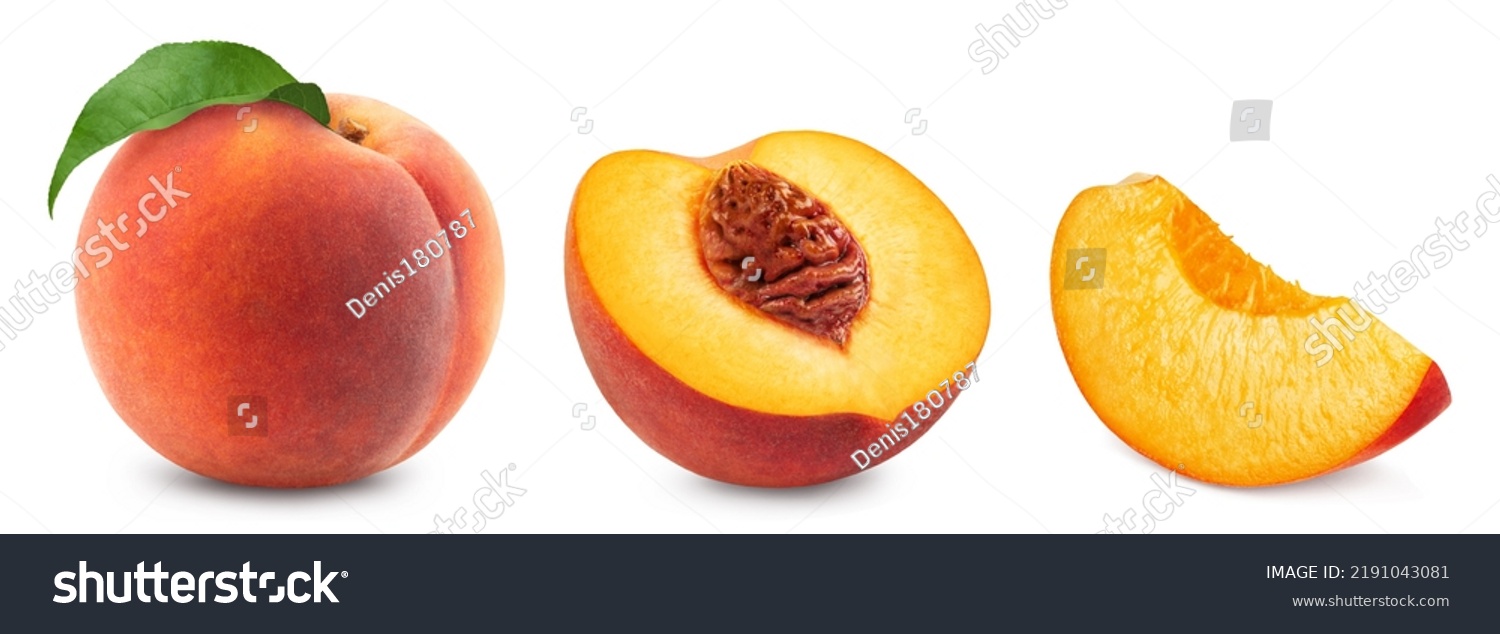 Peaches isolated. Set of peach, peach halves and peach wedges. #2191043081