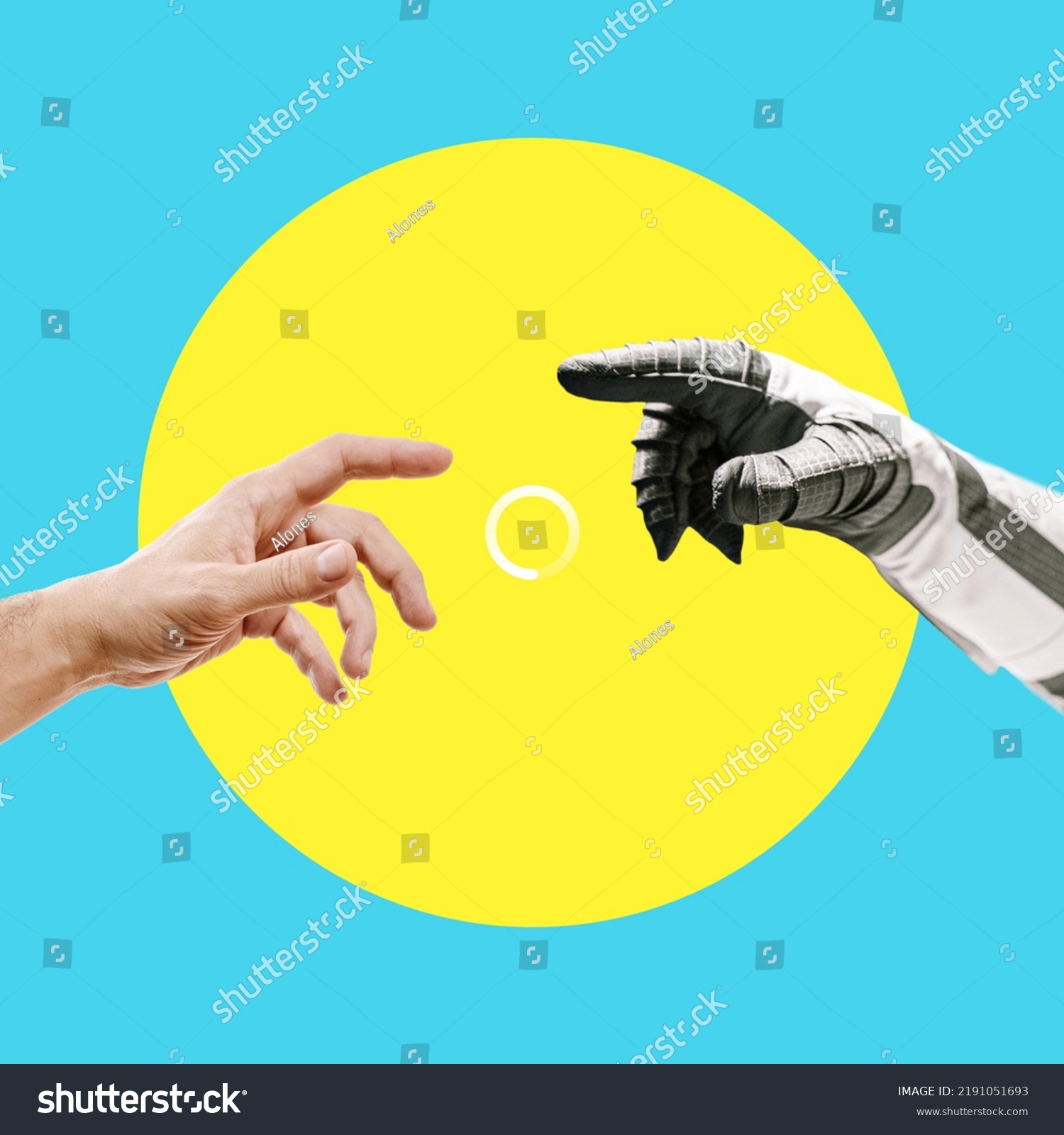 Digital collage of contemporary art. Helping and saving hand with a download badge. Astronaut reaching out to man on yellow circle and blue background. God and humanity. Artificial intelligence  #2191051693