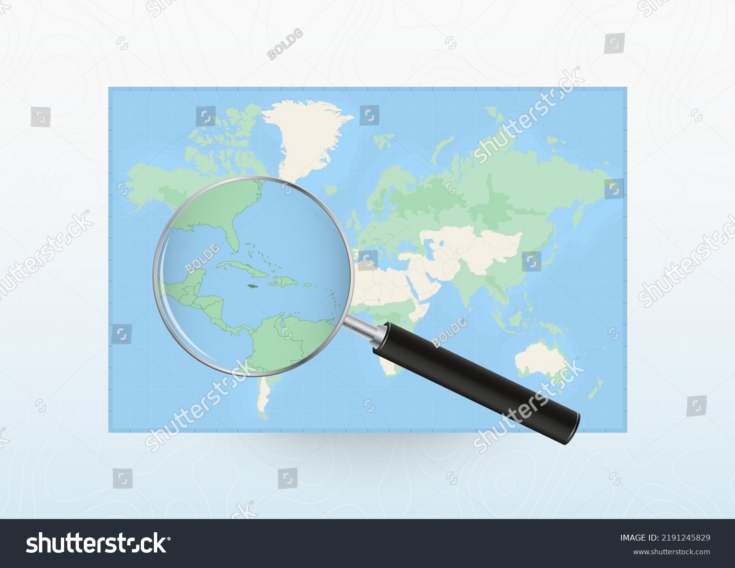 Map Of The World With A Magnifying Glass Aimed Royalty Free Stock Vector 2191245829 0580