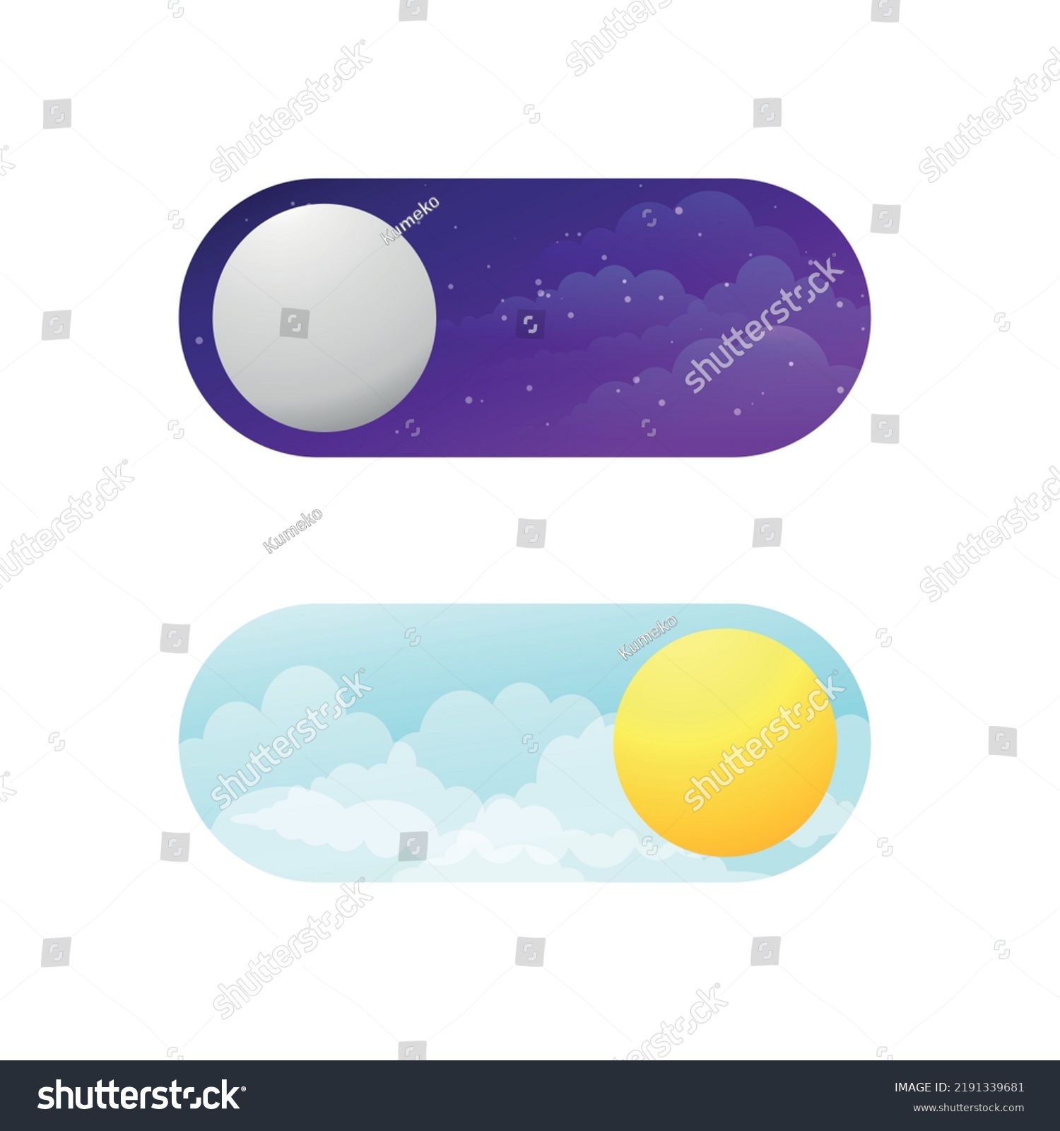 Day and night mode switcher isolated on white background. On Off Switch Element.  Switch to dark or light mode. Vector stock #2191339681