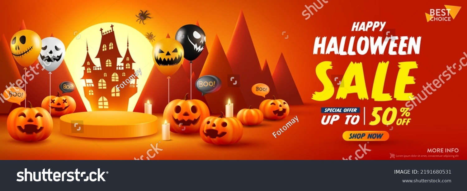 Halloween Sale Promotion Poster template with Product display stage. Halloween pumpkins and Ghost Balloons with moon ligt and castle silhouette background. Website spooky or banner template #2191680531