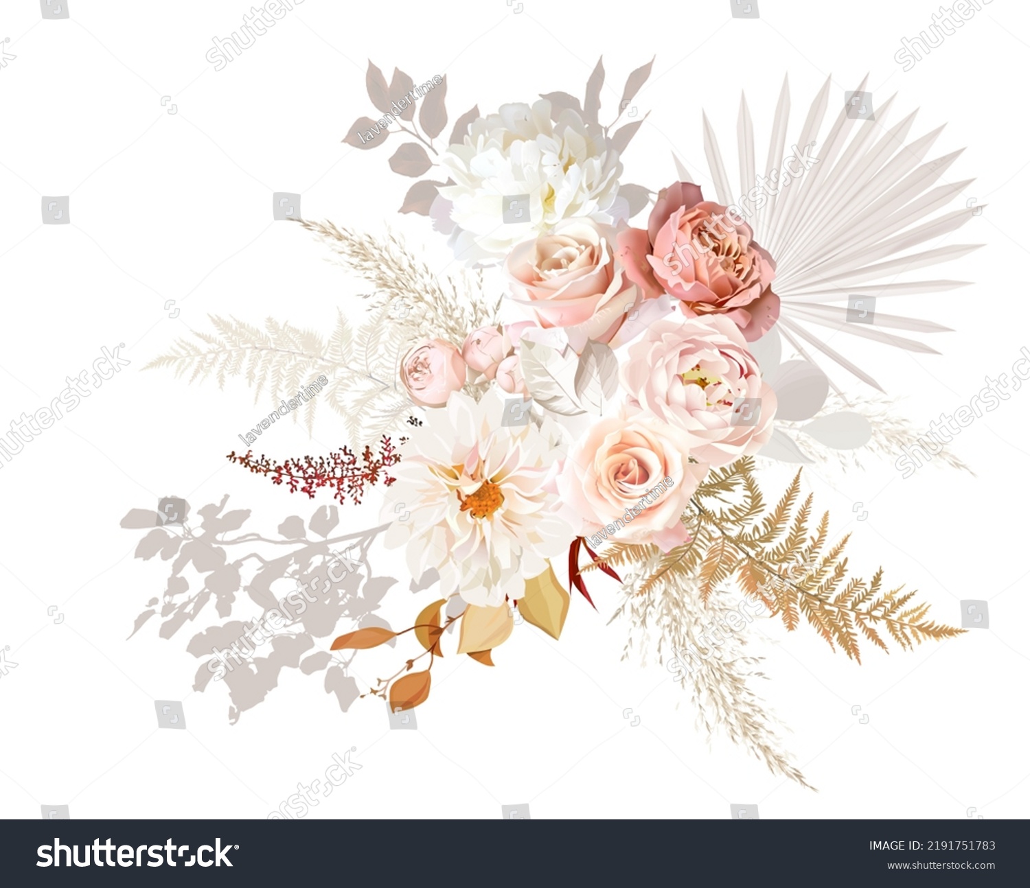 Rust orange and blush pink antique rose, beige and pale flowers, creamy peony, ranunculus, dahlia, pampas grass, fall leaves wedding vector bouquet. Floral watercolor arrangement.Isolated and editable #2191751783