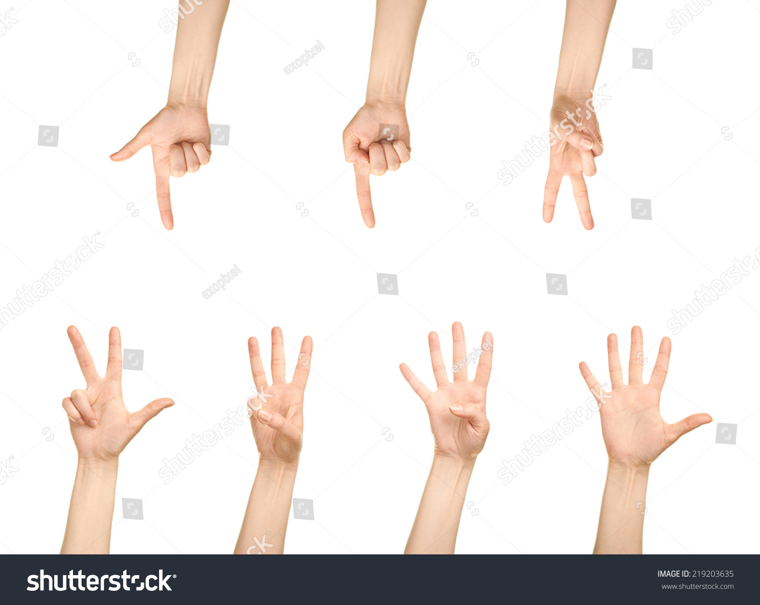 Female caucasian hand number gestures, one to five, isolated over the white background, set of six images #219203635
