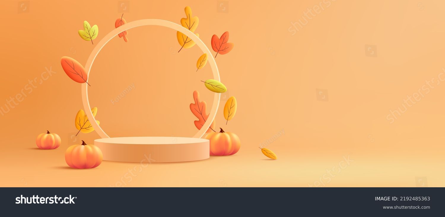 Autumn Display Podium Decoration Background with Autumn leaves and empty minimal podium pedestal product display.Background or banner template for the design of Autumn and Fall Banners #2192485363
