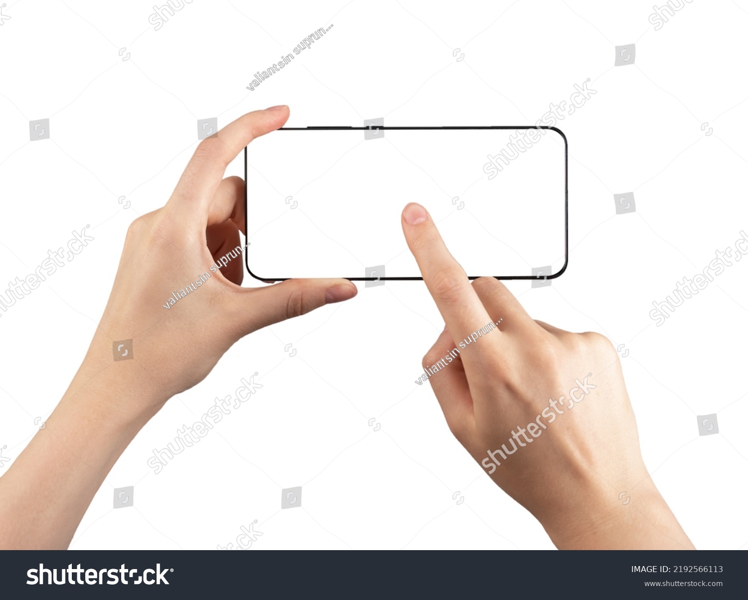 Forefinger clicking play to start video at phone mockup isolated on white background. Woman holding smartphone in horizontal position for watching video. Telephone template. High quality photo #2192566113